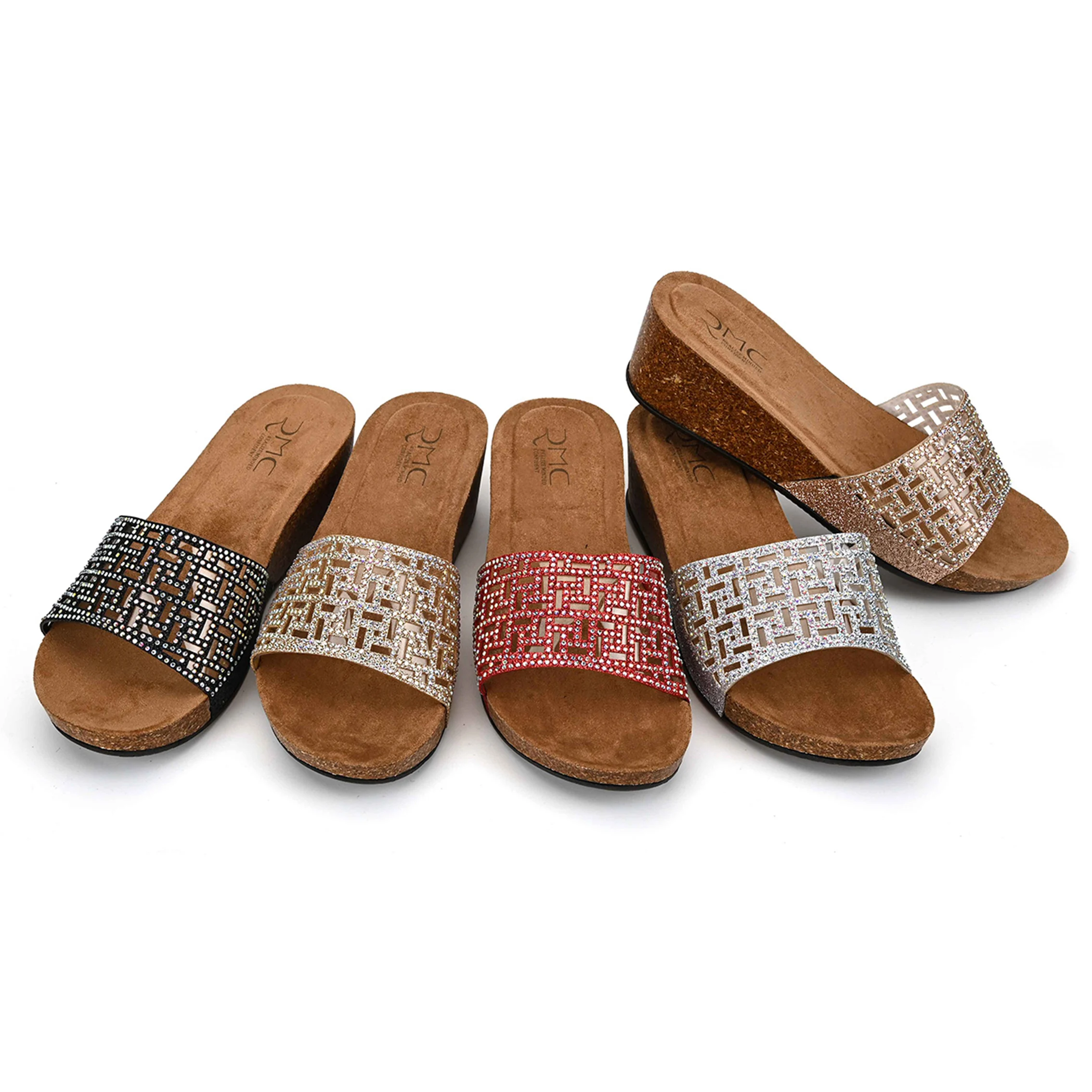 OEM 2022 New Design Indoor Party High Wedge Cork Heel Soles Cozy Sparkly Diamonds Webbing Custom Women Slipper Shoes