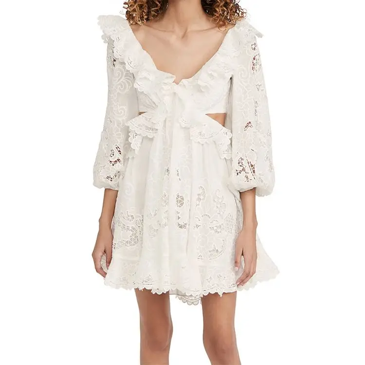 Scallop ruffle Mini Dress women balloon sleeve cotton open back white sexy v neck dress