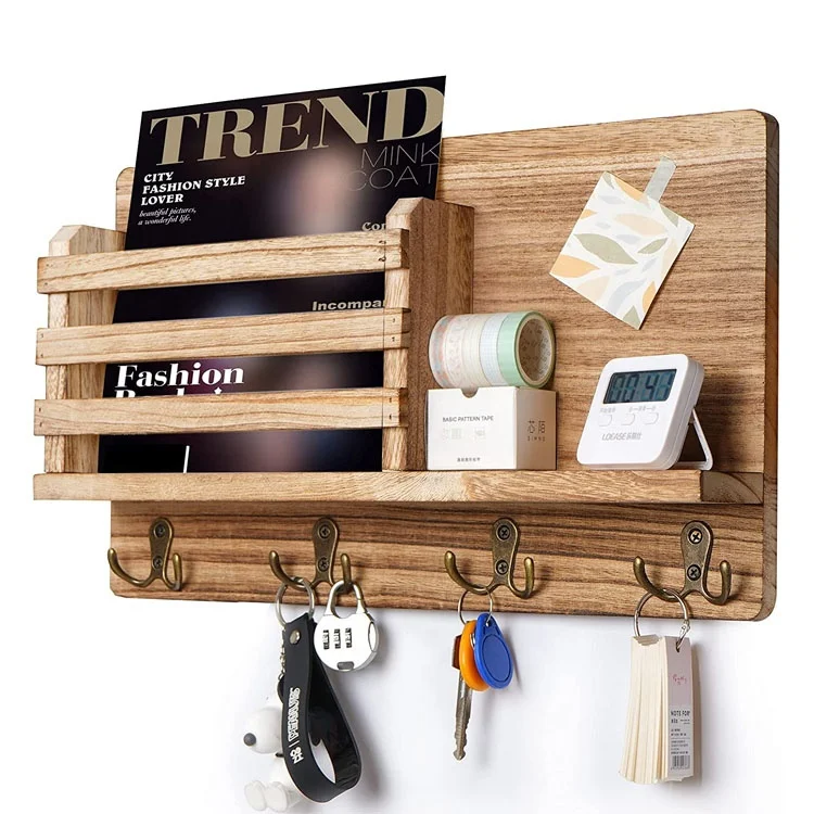 home decor Rustic Wall Mounted wooden Mail Organizer and Key Holder with 4 Double Key Hooks For entryway