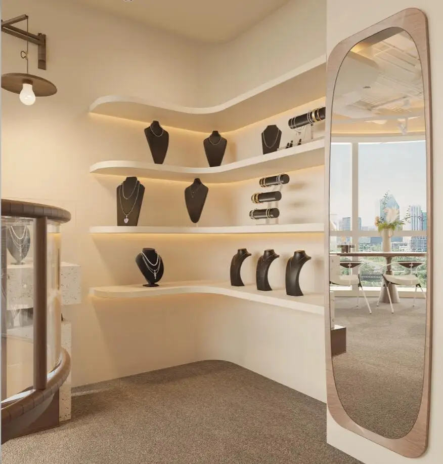 Hot Glass Jewelry Display Case Wooden Showcase Case for Jewelry Island Shop Wood Stainless Steel Jewelry Store