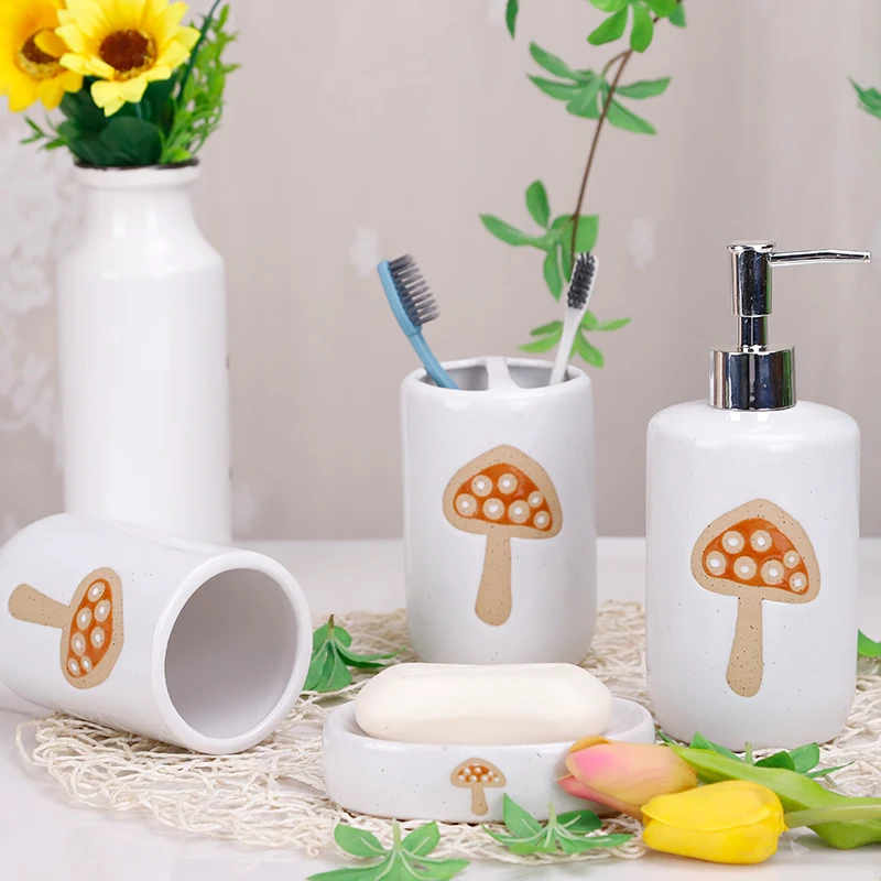 Redeco New Arrival Mushroom Toiletries Set White Soap Dish Toothbrush Holder Soap Dispenser Set Ceramic 4 Piece Bathroom