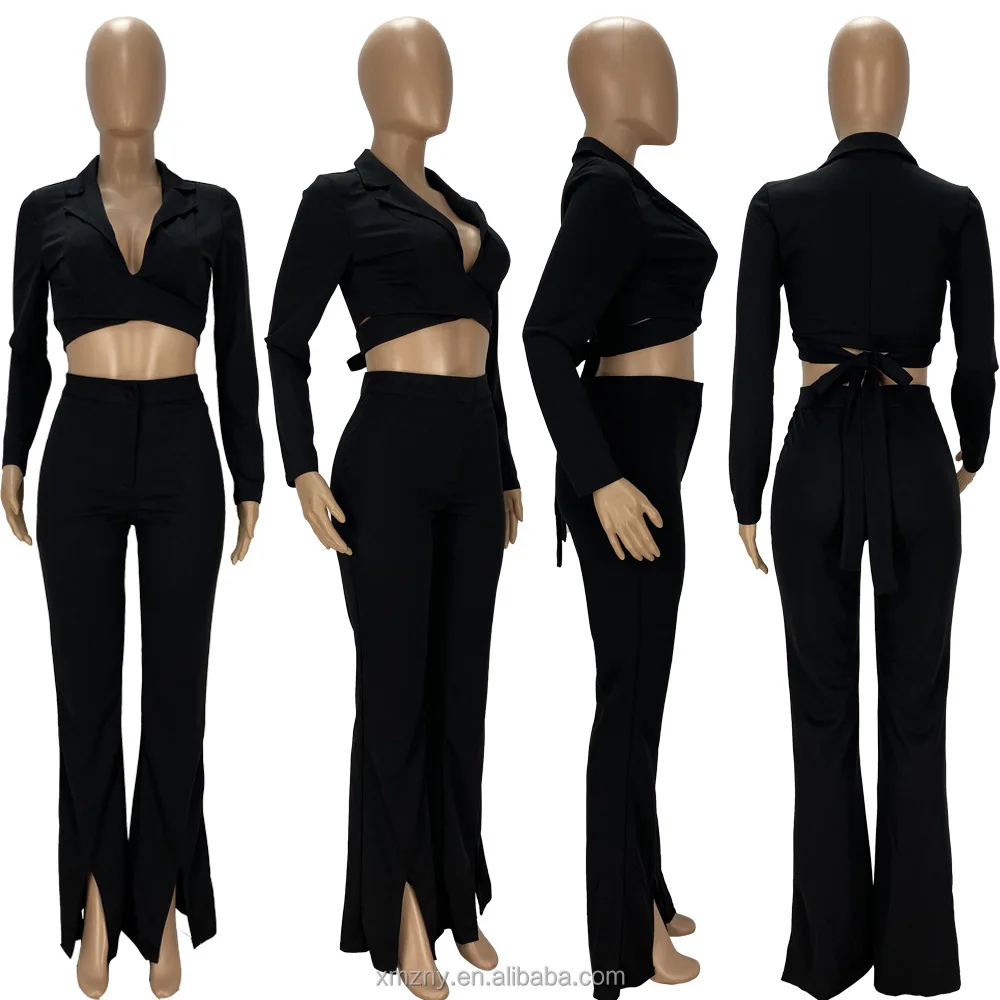 Fall 2022 Solid Blazers And Pants Two Piece Set Cross Straps Top Split Wide Leg Pants Two Piece Set Women Casual Clothing