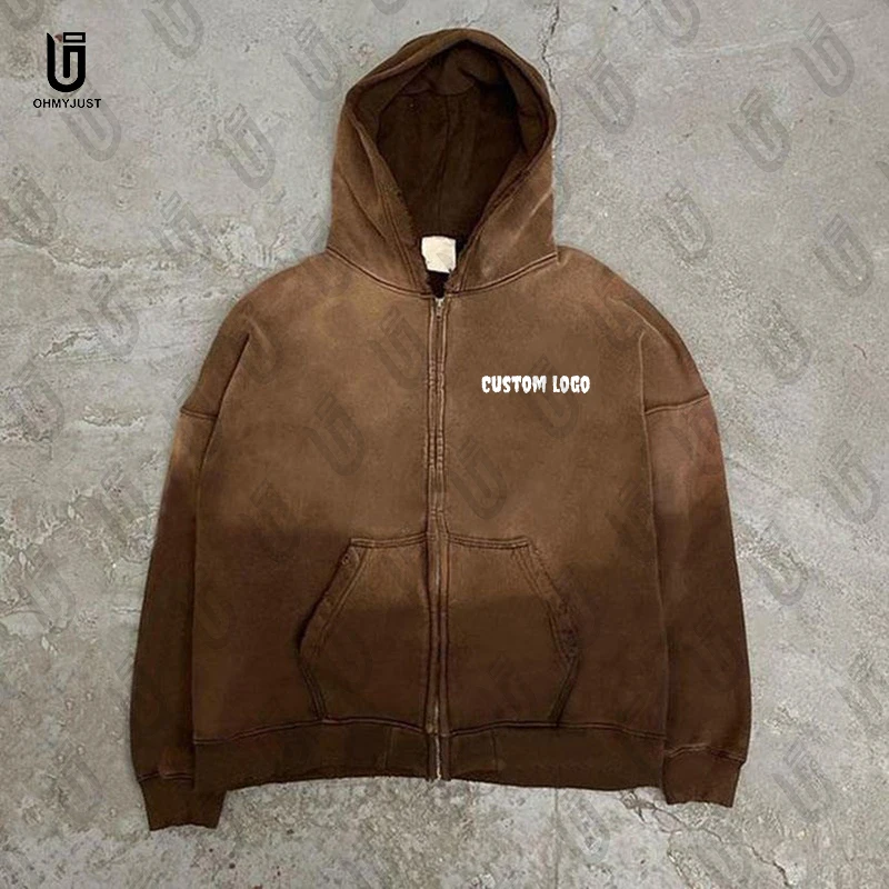 Custom logo Sweatpants and Hoodie Sets Wholesale High Quality Zip up Acid Washed Men Fashionable Hoodie Tracksuit
