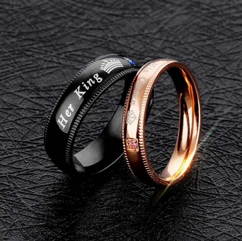 Wholesale Stainless Steel Her King His Queen Couple Ring Rose Gold And Black Wedding Band Ring  for Couples Men Women