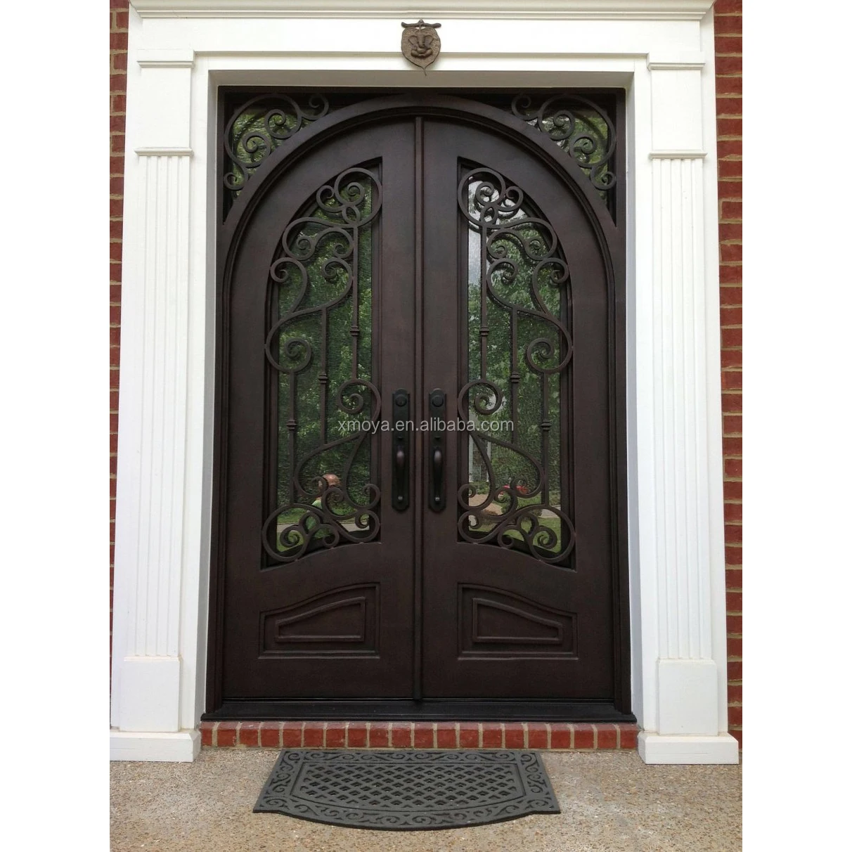 Modern Sheet Metal Wrought Iron Main Double Entrance Steel Beautiful Design Eyebrow Front Bronze Security Iron Doors For House
