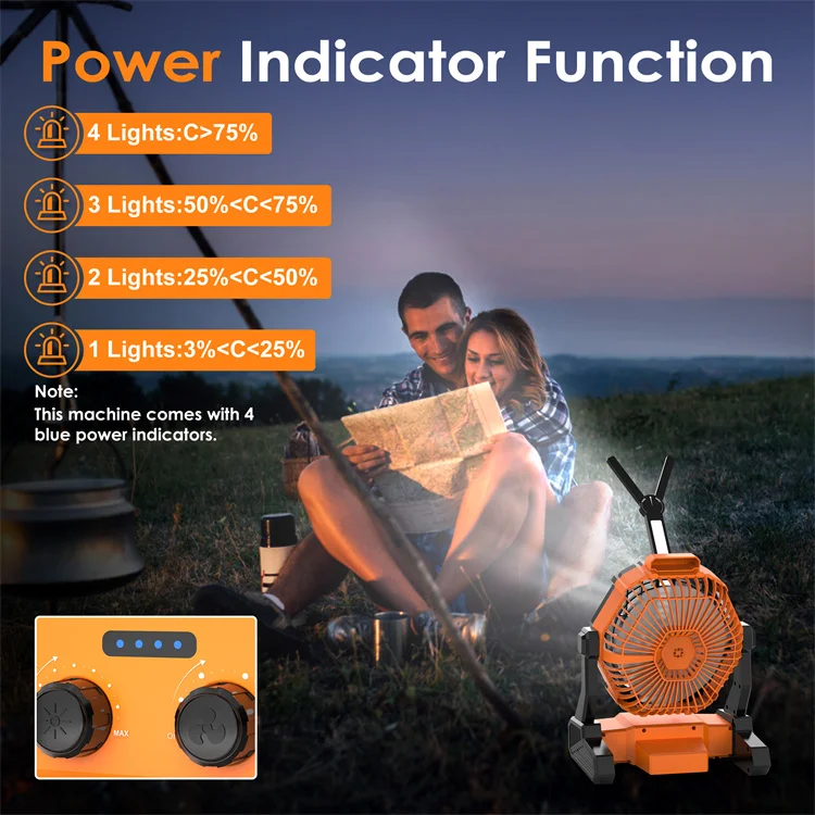 Rechargeable Outdoor Camping Fan with Led Light 8000mAH Portable Battery Operated Industrial Camping Floor Fan