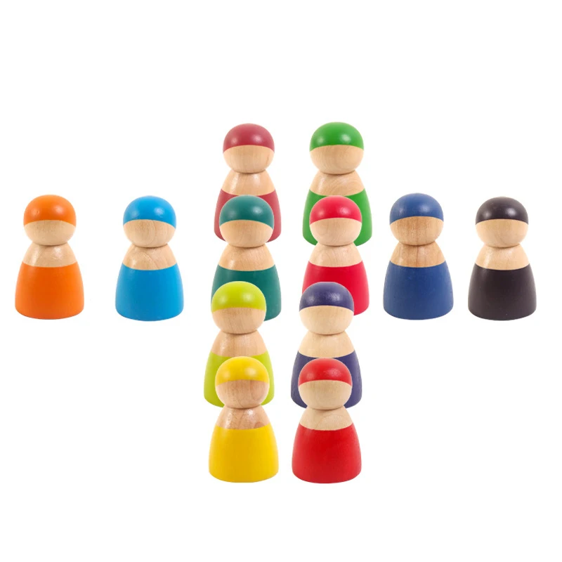 Rainbow Friends Peg Dolls Toy Baby 12PCS Wooden Safety Paint Pretend Play People Figures for Kids Craft Handmade Gift Montessori
