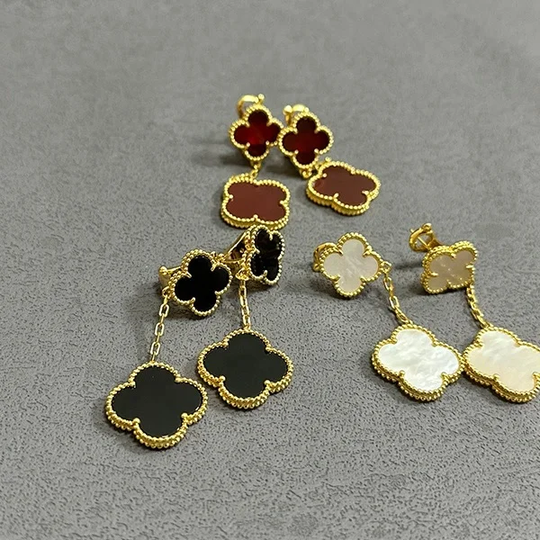 High quality s925 sterling silver 18K gold rose gold leaf two flower earrings women onyx mother ear clips factory wholesale