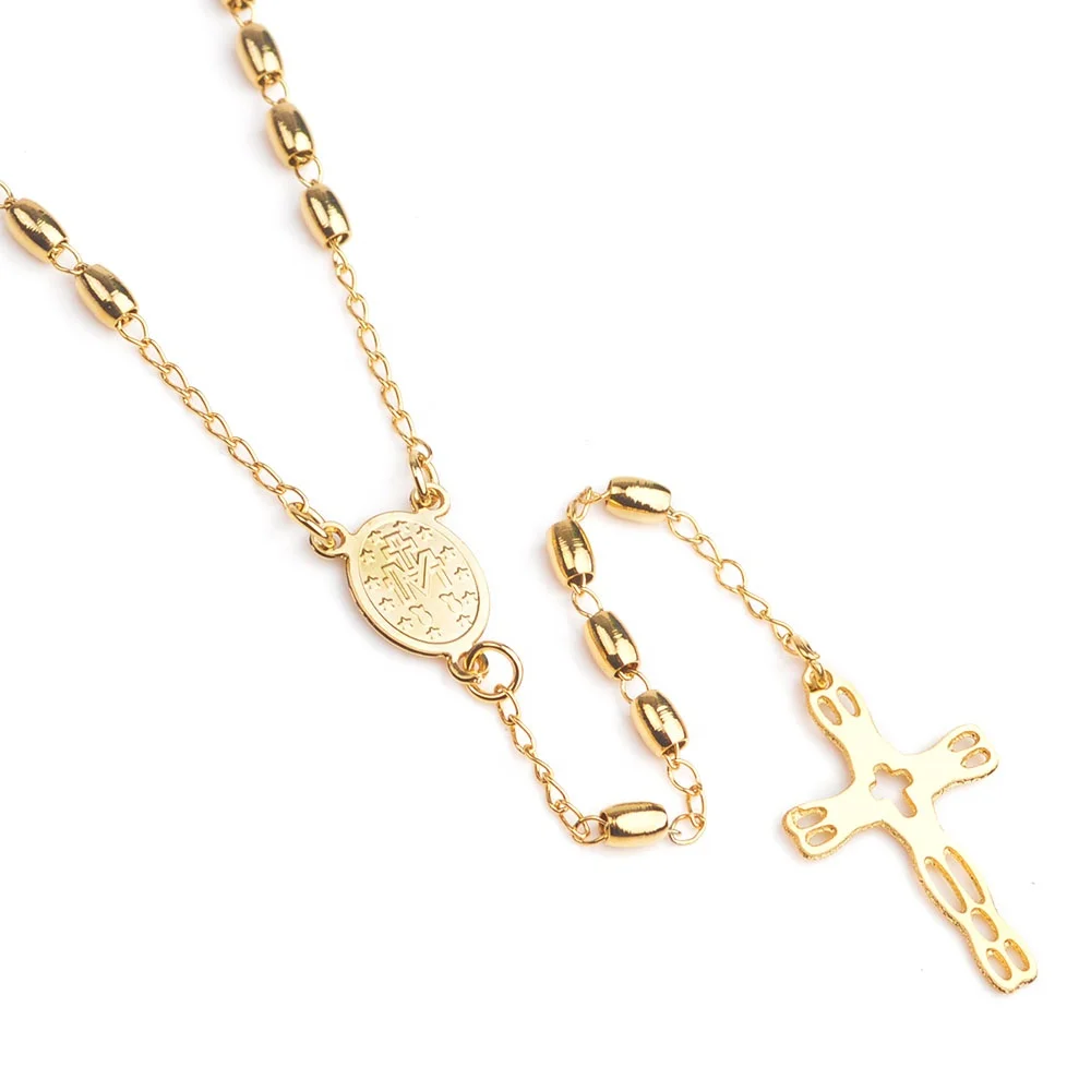 LineAve Women Gold Plated Stainless Steel Catholic Rosary Oval Beads Cross Necklace