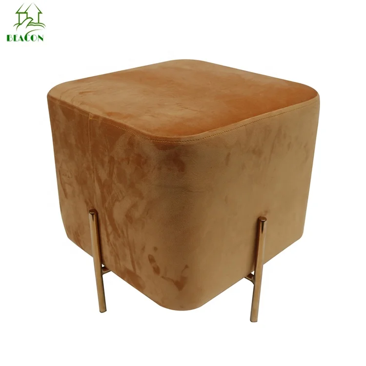 Modern Home use Fabric Square Ottoman Stainless Steel Gold Finish Velvet Foot Stool