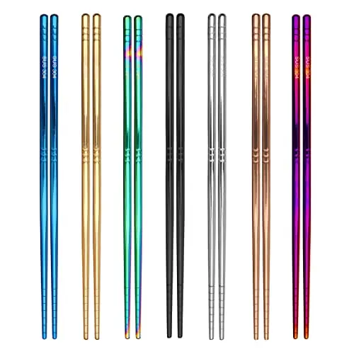 Metal Chopsticks, 7 Colors Reusable Stainless Steel Chopsticks, 13 Rings Pattern Non-slip Dishwasher Safe Chop Sticks, Square