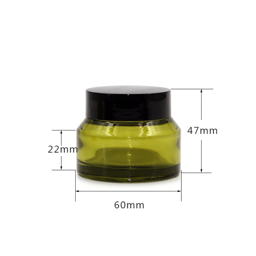 China supplier 15g 30g 50g olive green slant shoulder cosmetic glass cream jar with black lid