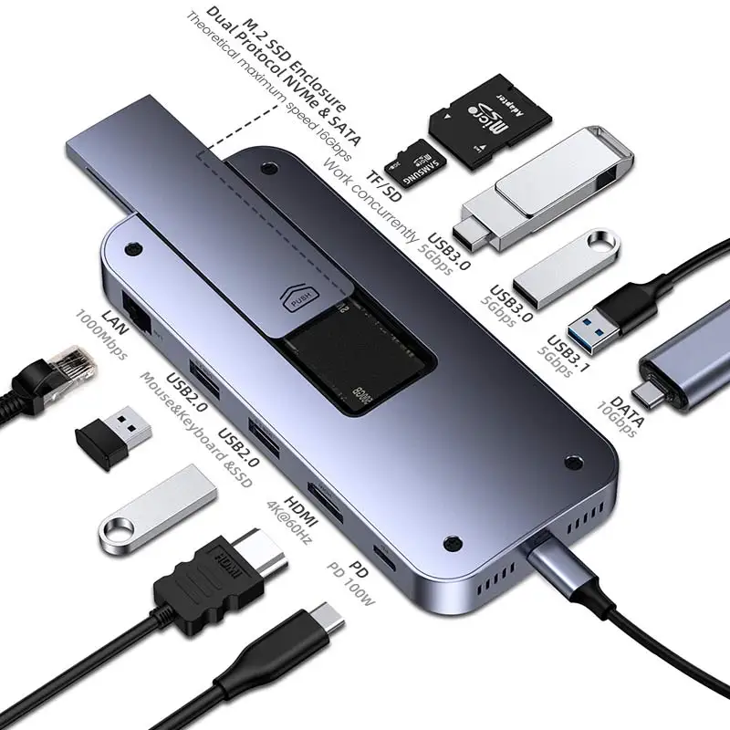 2022 Aluminum Alloy Multifunction Docking Station 12 USB Ports GEN2 10Gbps USB Hub for Laptop Macbook
