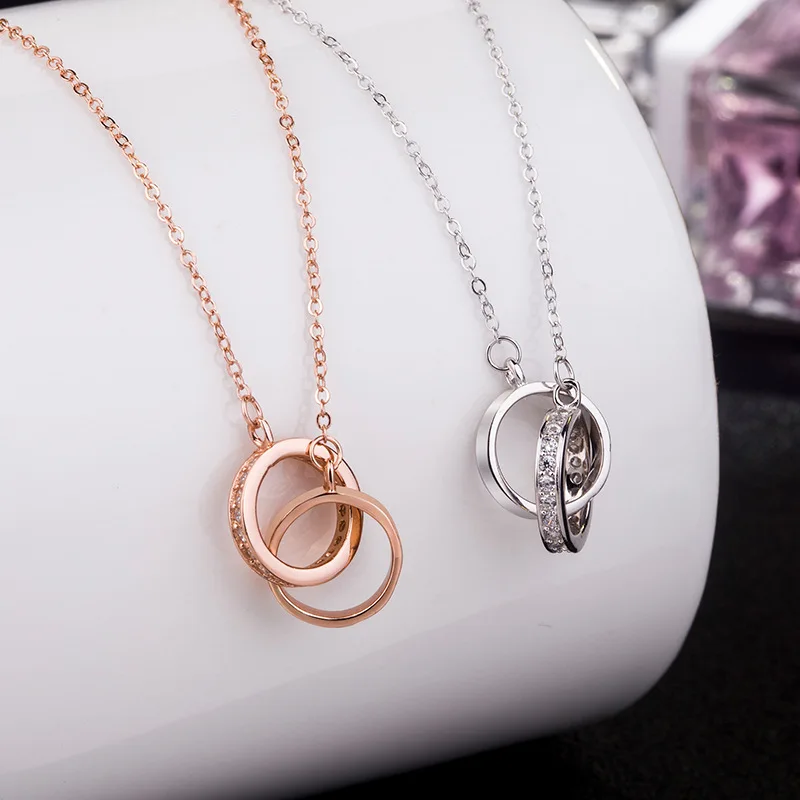 S925 jewelry silver 925 necklace sterling silver double ring circle interlocking net red hot fashion necklace for girl