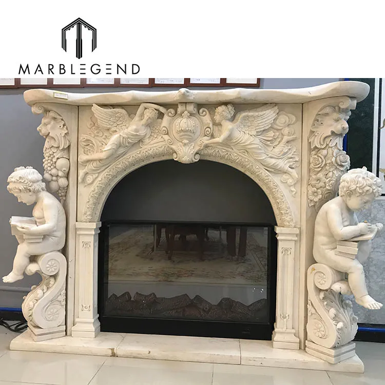 decorative marble fireplace Antique fireplace mantel white marble hand carved angel marble statue fireplace for sale