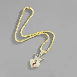 PJ-C501 New Hip Hop Punk Crown Broken Heart Zircon Pendant Lovers Necklace Cuba Chain