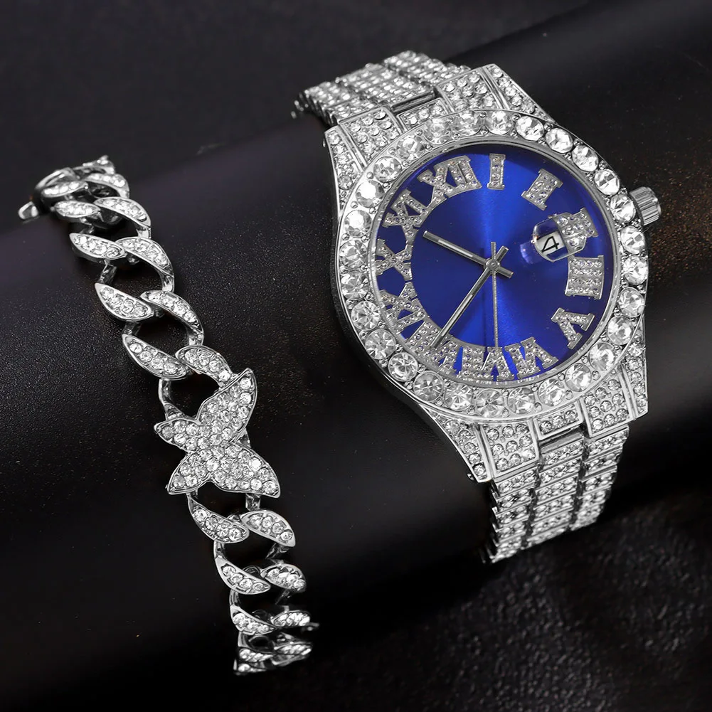 2022 New Style Iced Out Multi-color Women Watches Bling Bling Dial Roman Numerals Quartz Hip Hop Watches For Women Men