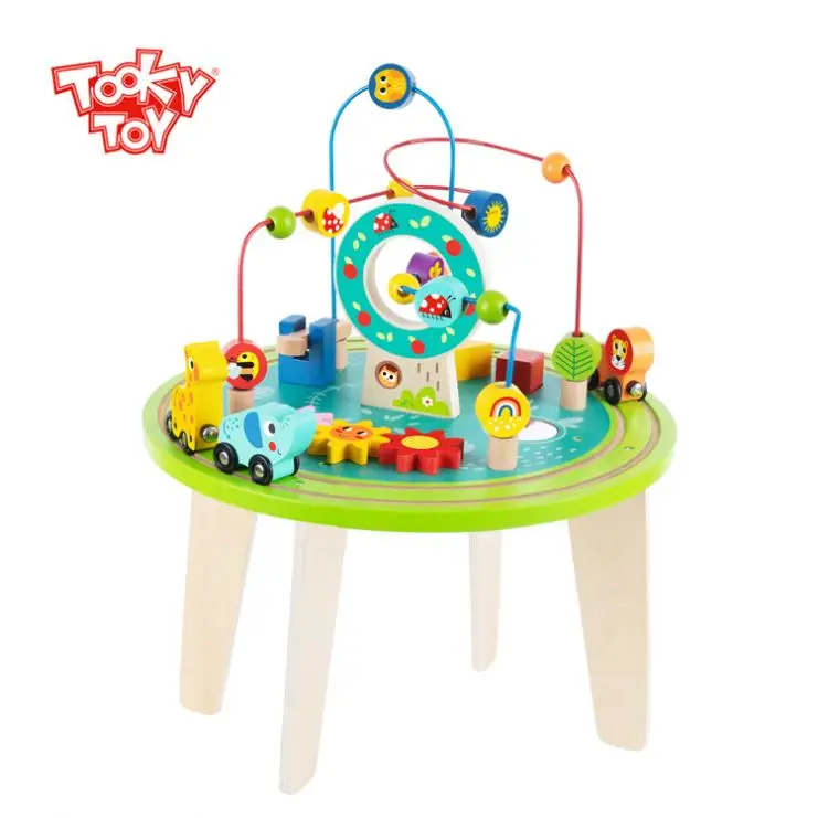 Wooden Activity Table with Bead Maze Cube and Beads Wire for Preschool Toddlers Educational Toys