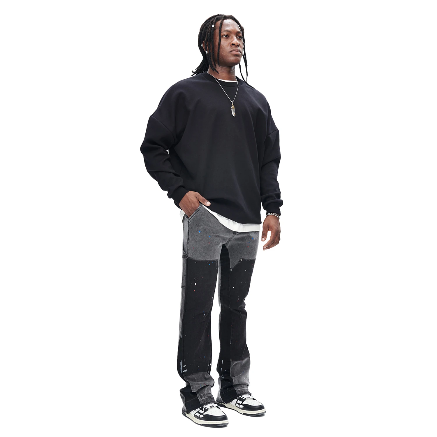 Gingtoo High Quality Spray Paint Denim Trousers Baggy Loose Stacked Flare Jeans Men