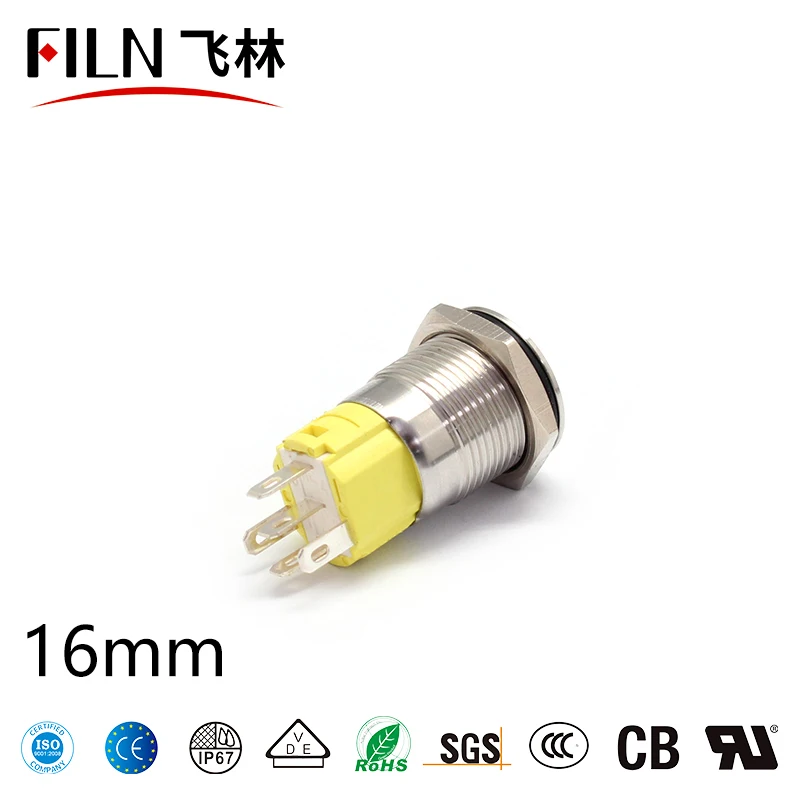FILN 16mm stainless steel/brass nickel plated latching Momentary 1NO1NC antivandal waterproof  12V 220V led Metal Push Button
