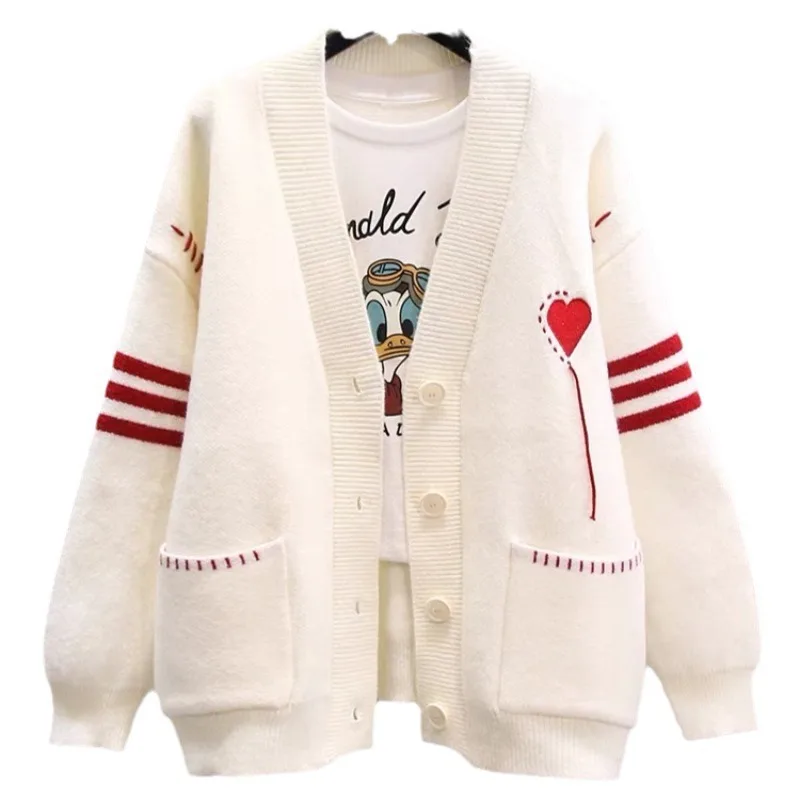 2024 New KYT Love Print Cardigan Women Autumn V-neck Single Breasted Pocket Female Sweater Casual Youth Girl Knit Tops