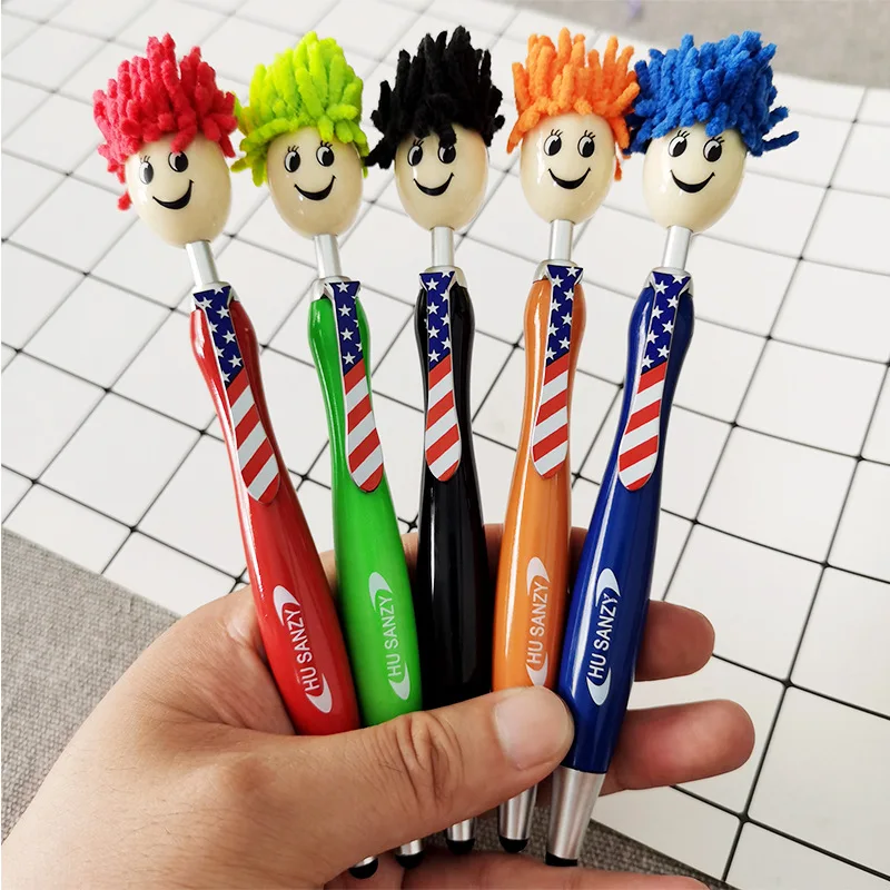 New Design American flag Star terms Doll Hair mop top head Smiley face portrait furry head touch screen wipe mop ballpoint pen