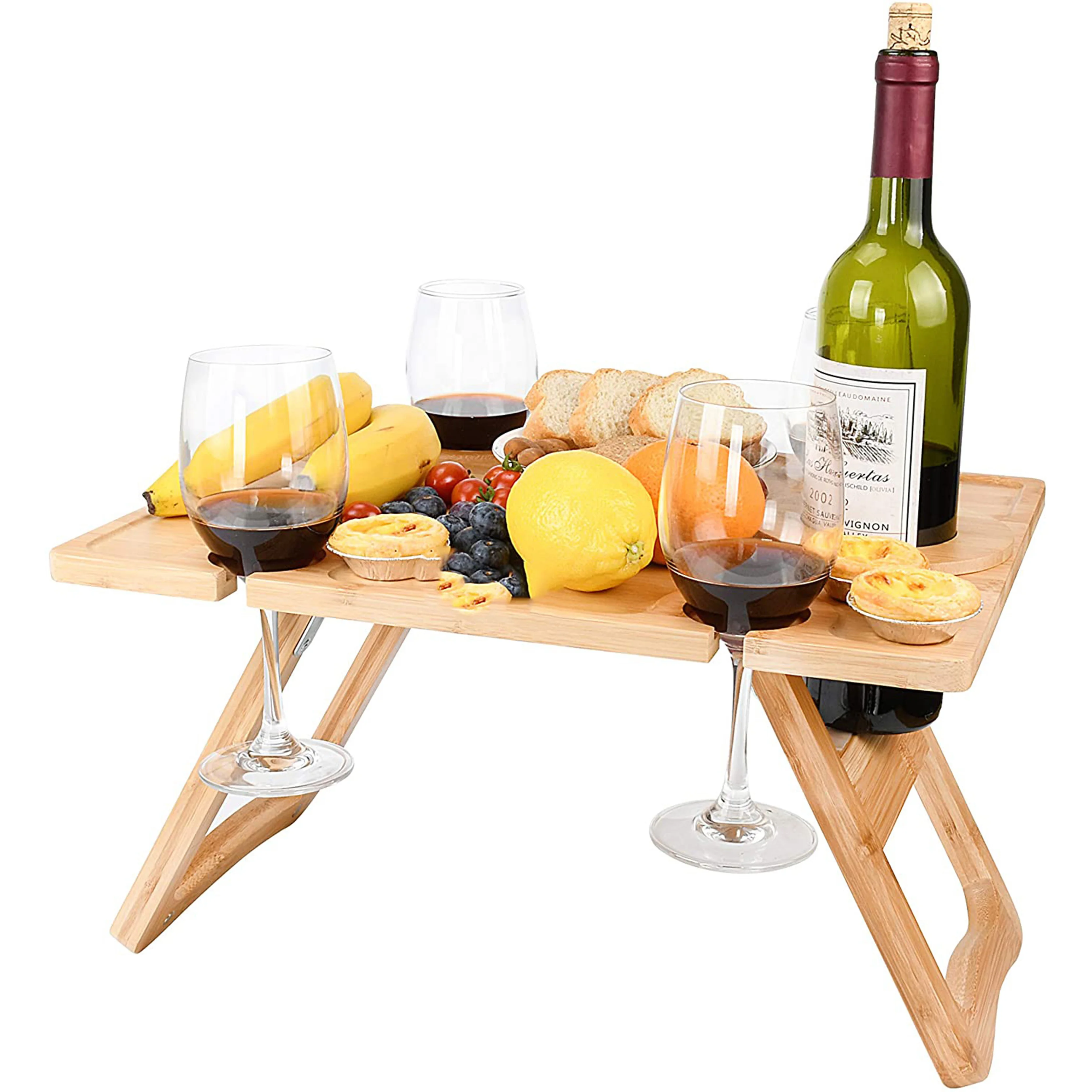 Portable Foldable Bamboo Wood Picnic Table With Wine Bottle And Glass Holder