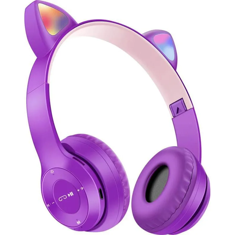 Blue BT tooth Cat Ears Kids Headphones with Mic Wireless Foldable Headphones with LED Lighting and 85db Volume Limit for School