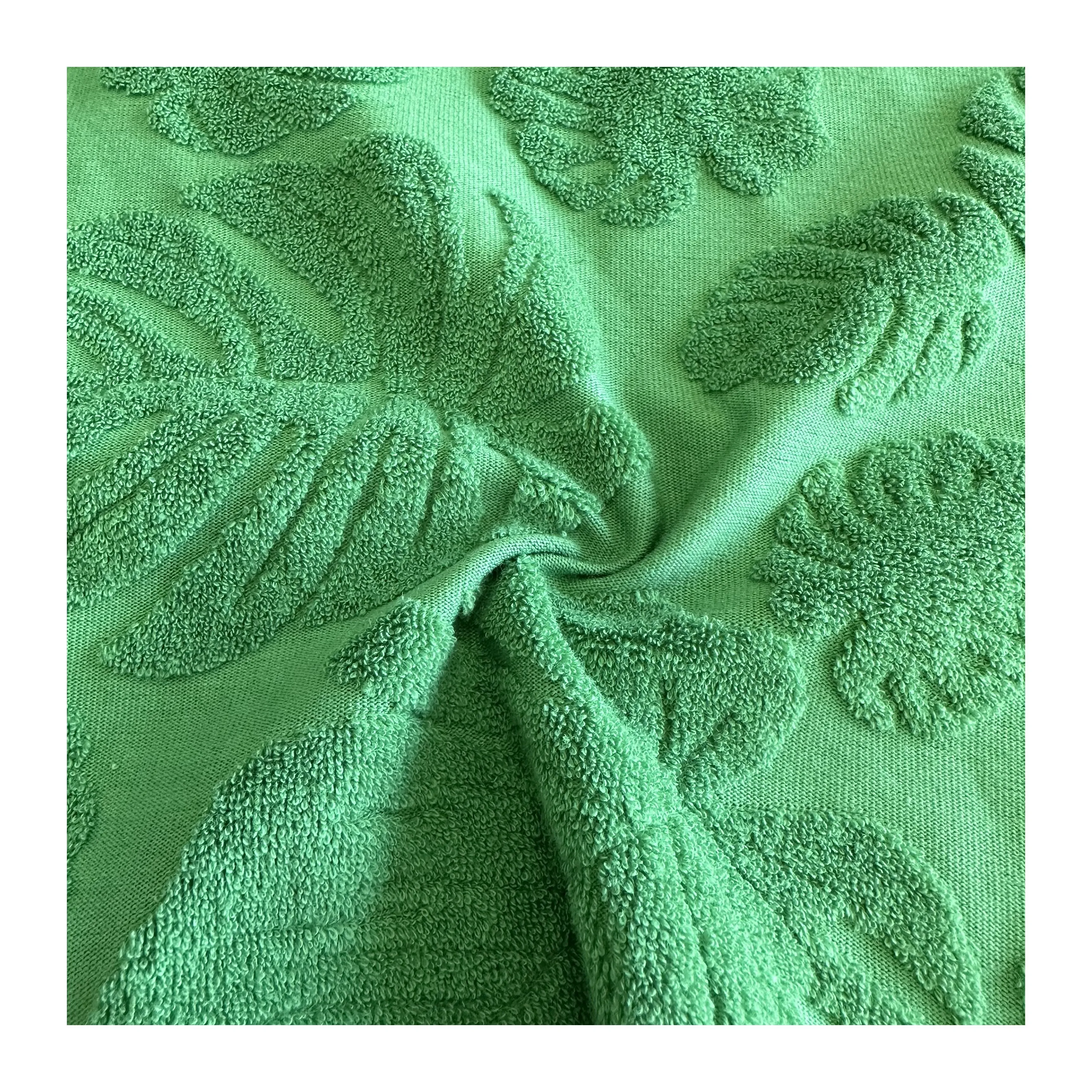 garment green leaves CVC 70/30 Cotton Polyester French Terry Towel Jacquard Fabric For bikini and beachwear