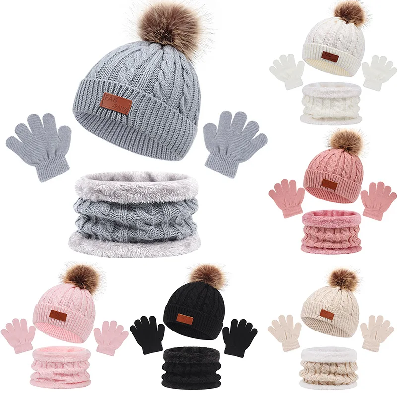 New Scarf with Baby Beanie Thicken Warm Knitted Kids Hat Cute Winter Ball Hats set