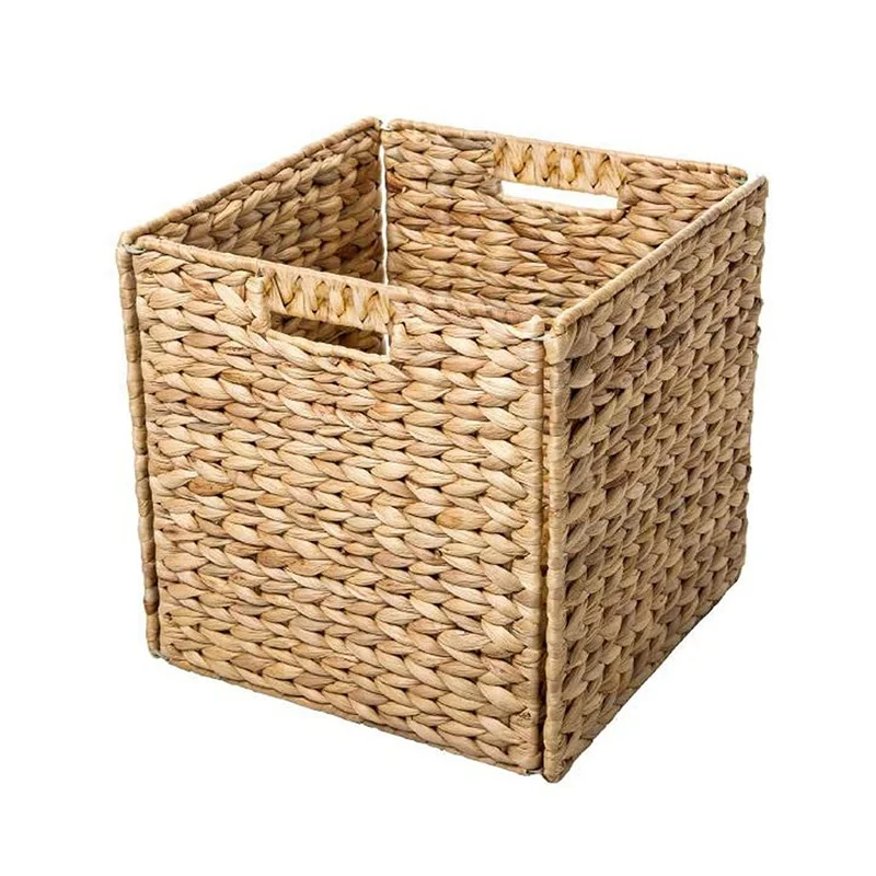 Wholesale Foldable Handwoven Water Hyacinth Cube Square Storage Basket Weaving