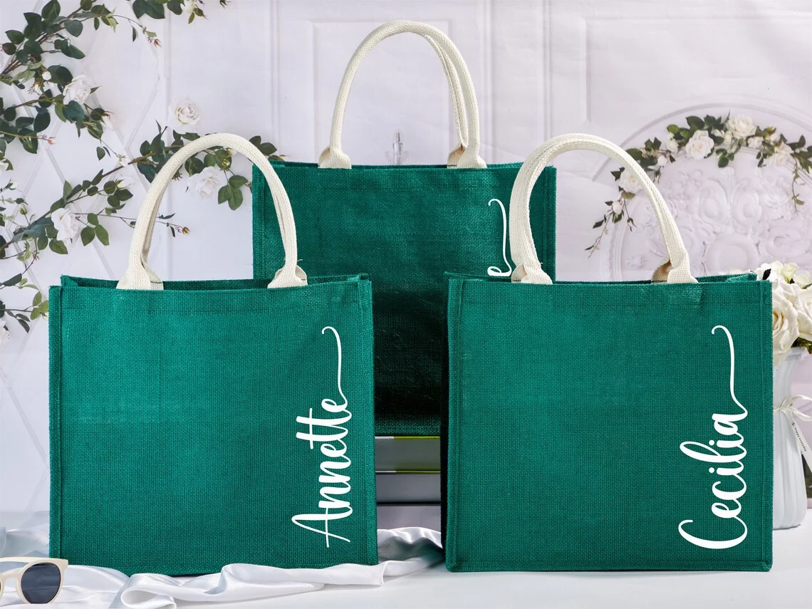 eco green laminated jute bag custom logo Bridesmaid Burlap Tote gift Bags, Bridesmaid Gift Tote Bag, Bachelorette Party Tote