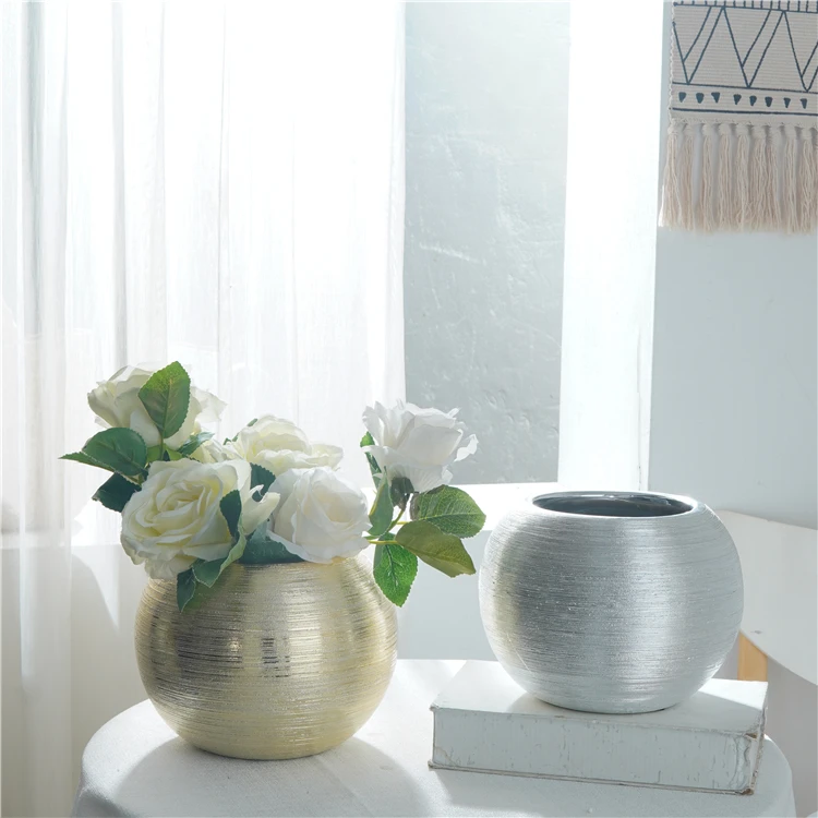  Luxury home decoration vase golden sliver round flower ornament stripe porcelain ceramic