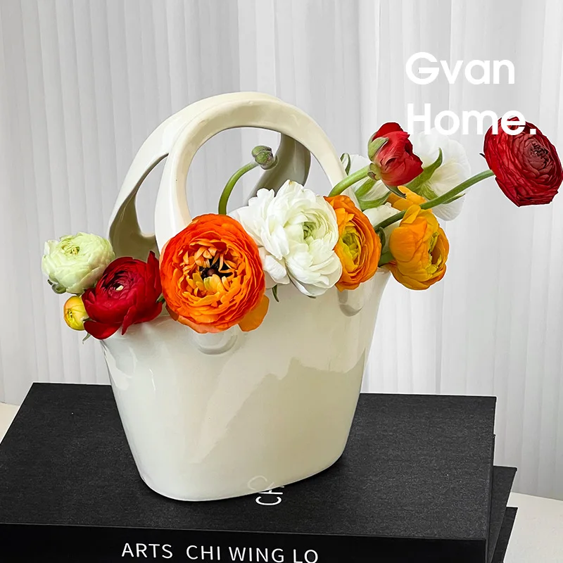 Custom Cheap Wholesale Home Decoration Black White Unique Table Handbag Purse Ceramic Flower Vase
