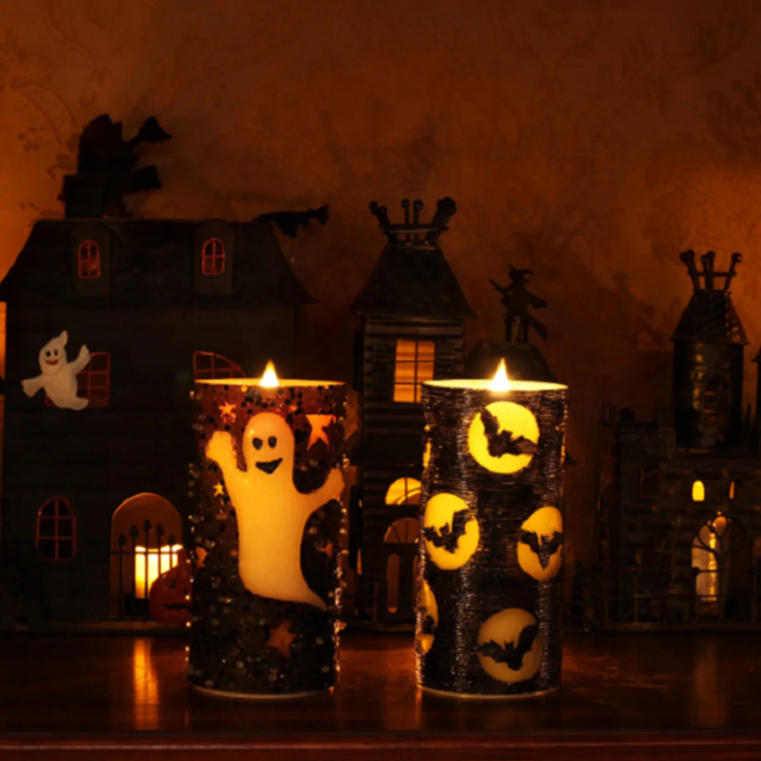 
flameless black color flame candle for halloween pillar glitter flickering led candles led light 