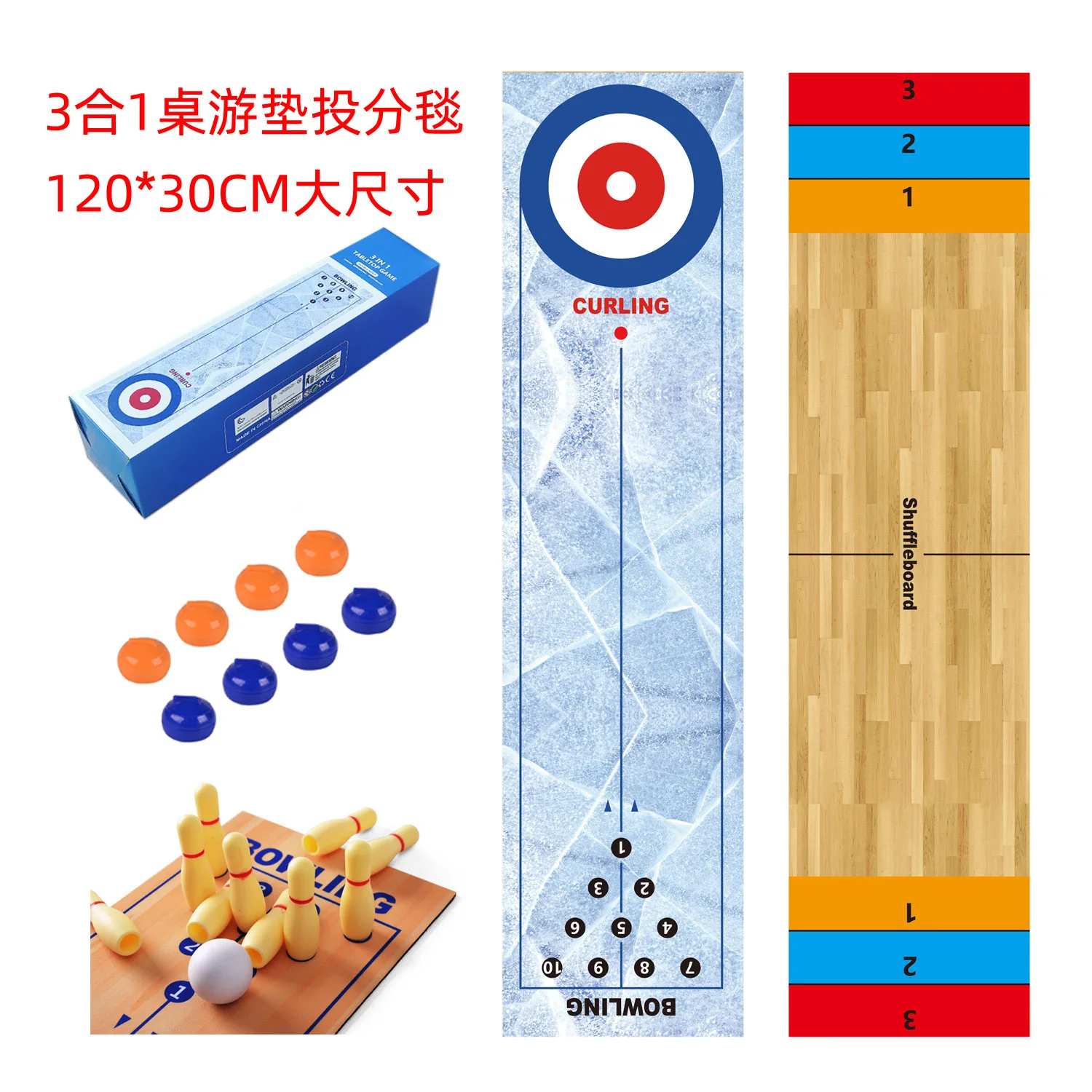 Table Top / Tabletop Wooden Shuffleboard and Board Curling Game Indoors Set, 3 IN 1 for Kids, Family Games