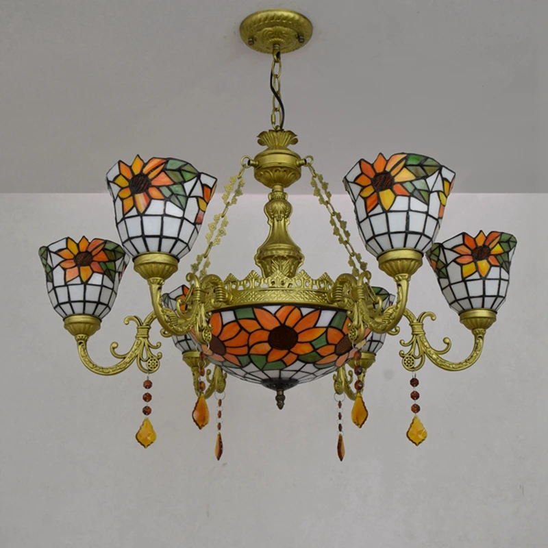 Sun Flower Glass Light Retro Chandeliers 8 Stained Shade Kitchen Island Pendant Lamp Style Lamps Pictures Lampade Tiffany