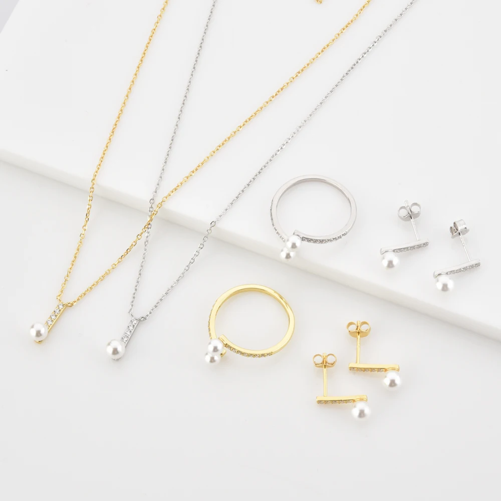 FUAMAY S925 Freshwater Pearl Bar Earrings Necklaces Rings Wedding Jewelry Sets 18k Gold Plated