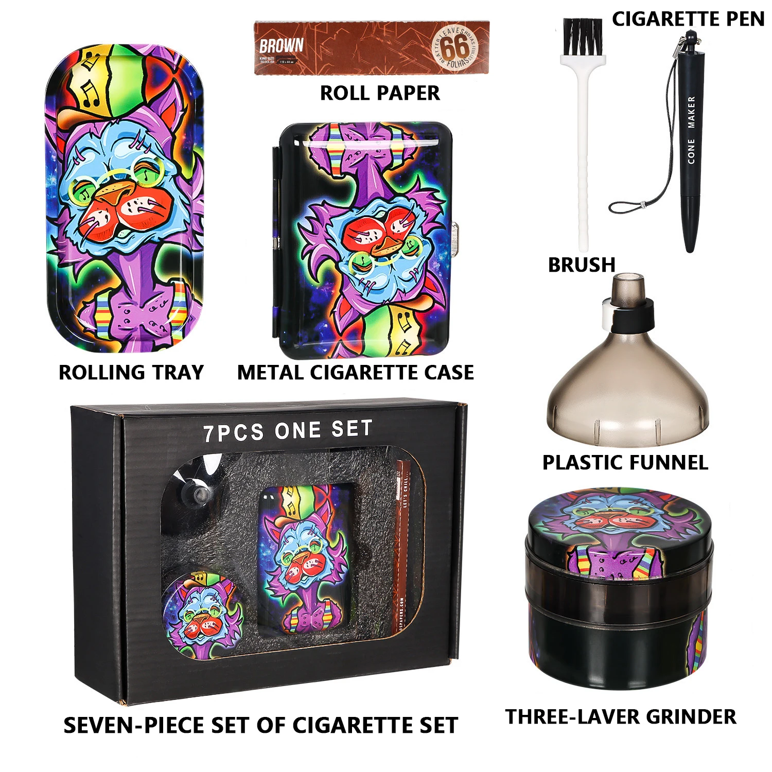 BEYOU Custom Logo Smoking Kit 7 in 1 Paper Set Herb Grinder Rolling Tray Metal Cigar Tin In Paper Box Packaging