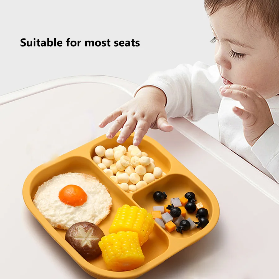 3pcs BPA-Free Microwave-Safe Silicone Baby Feeding Set Wooden Handle Spoon Fork Divided Design Suction Plate Toddler Dining Kit