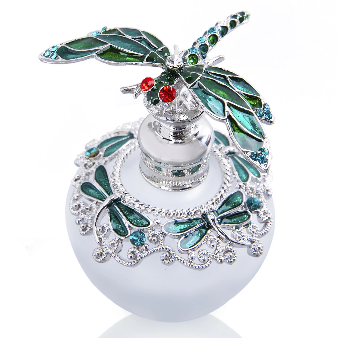 H&D Vintage Empty Refillable Perfume Bottles Realistic Jewelled Green Dragonfly Stopper Glass Ornament 40ML