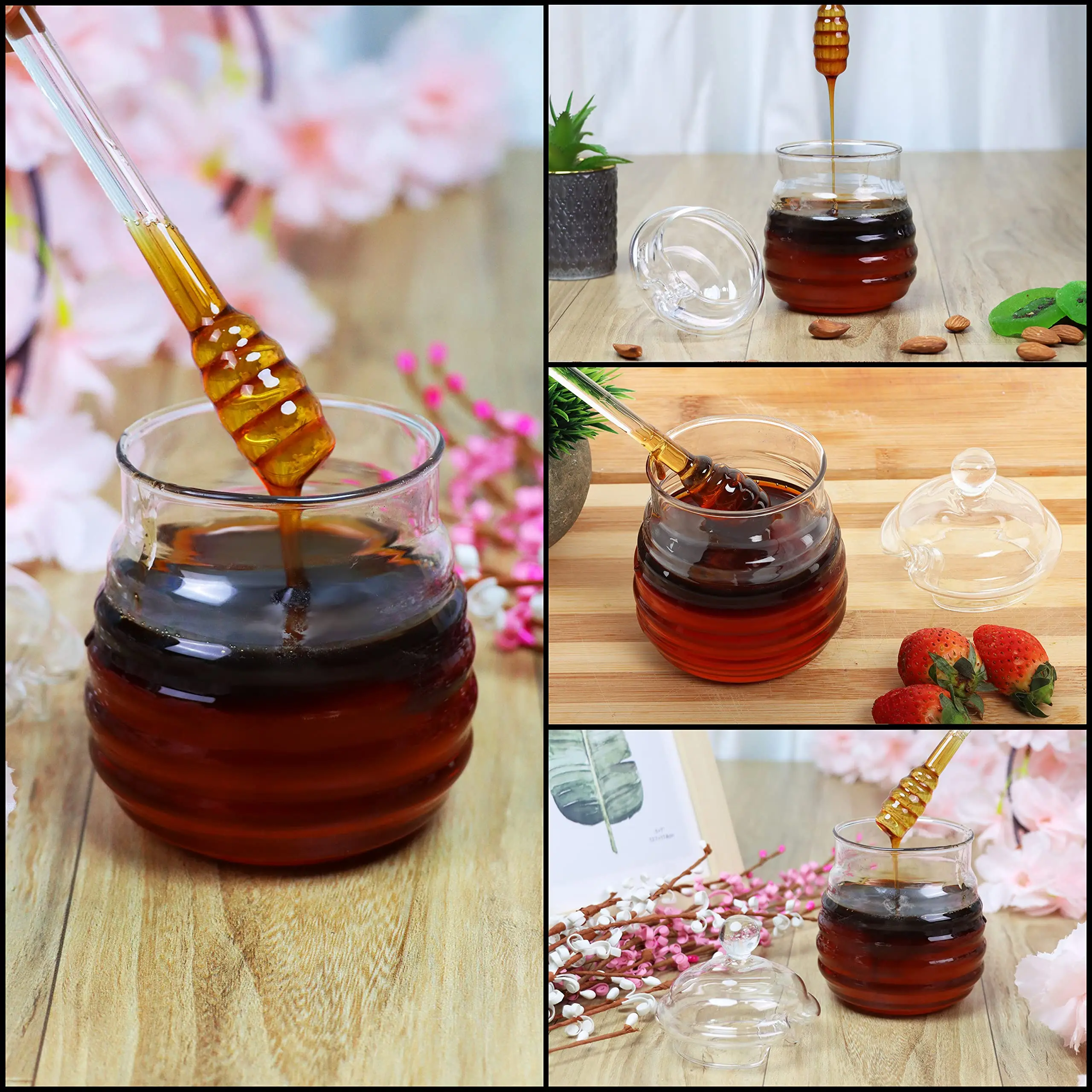 TS Creative Design Honey Pot With Dipper & Lid for Home Kitchen Reusable Round Glass Honey Jar