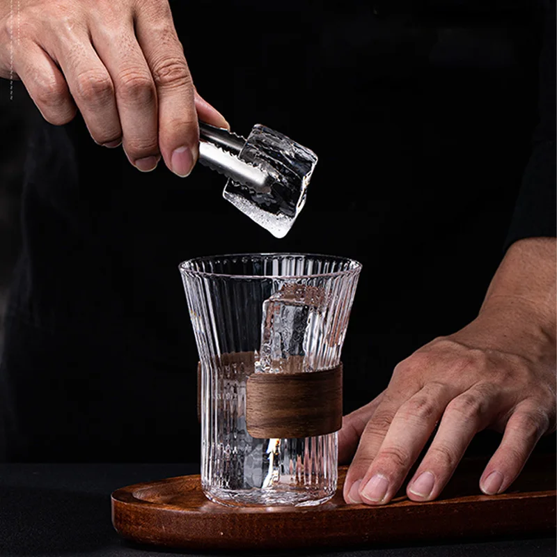 Japanese Style Handmade Vertical Stripe Coffee Mug With Bamboo Ring Glass Drinking Tea Cup with Wood Anti-scalding design