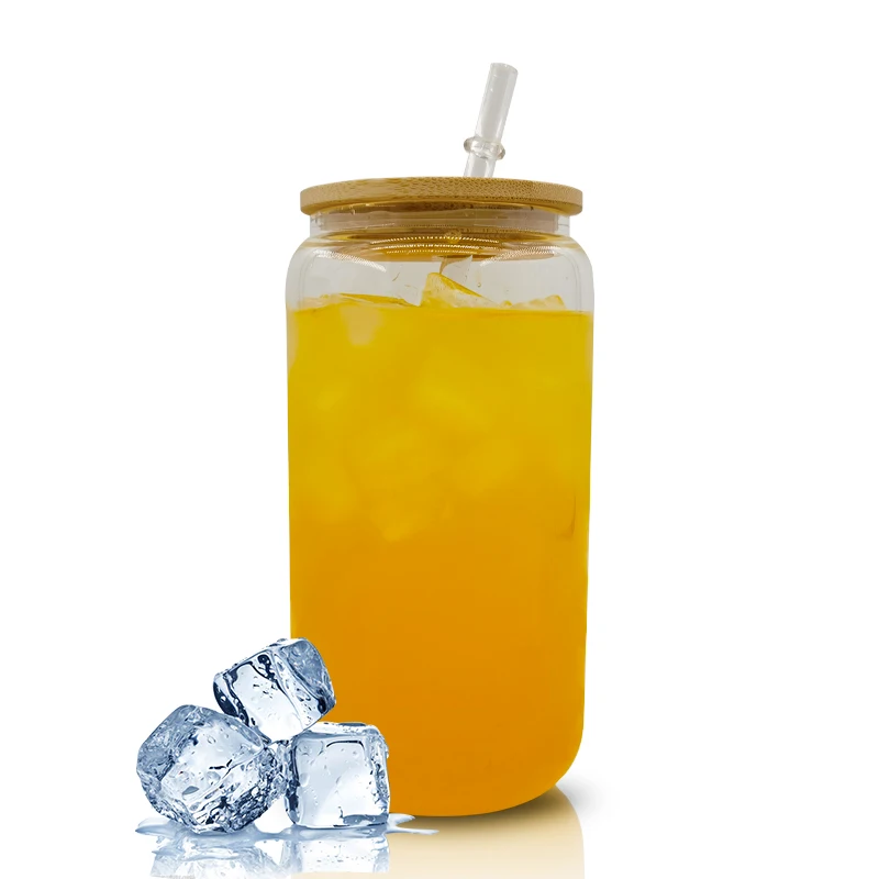 us warehouse stocked 12oz 16oz Clear Water Juice Blank Sublimation Beer Can Shaped Soda Glass Can with bamboo lid