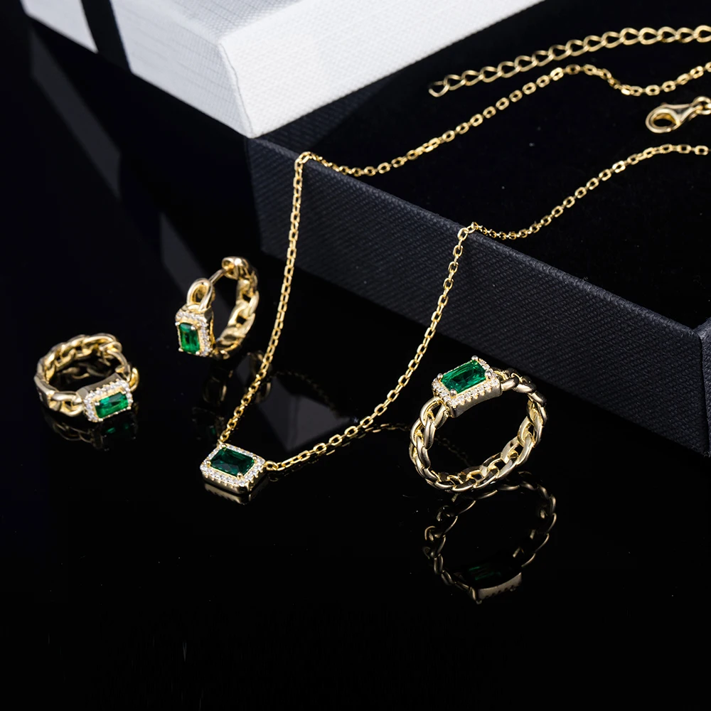 925 Sterling Silver 14K Gold Plated Necklace Earrings Ring Emerald Jewelry Set For Women