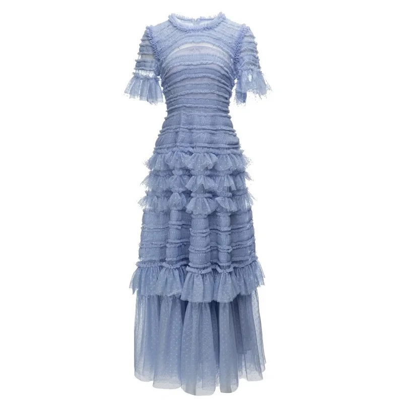 Ball Gown Party Evening Women Long Dress 2024 Summer Autumn Ladies Polka Dot Prints Cascading Ruffle Mesh Blue Pink Beige Dress