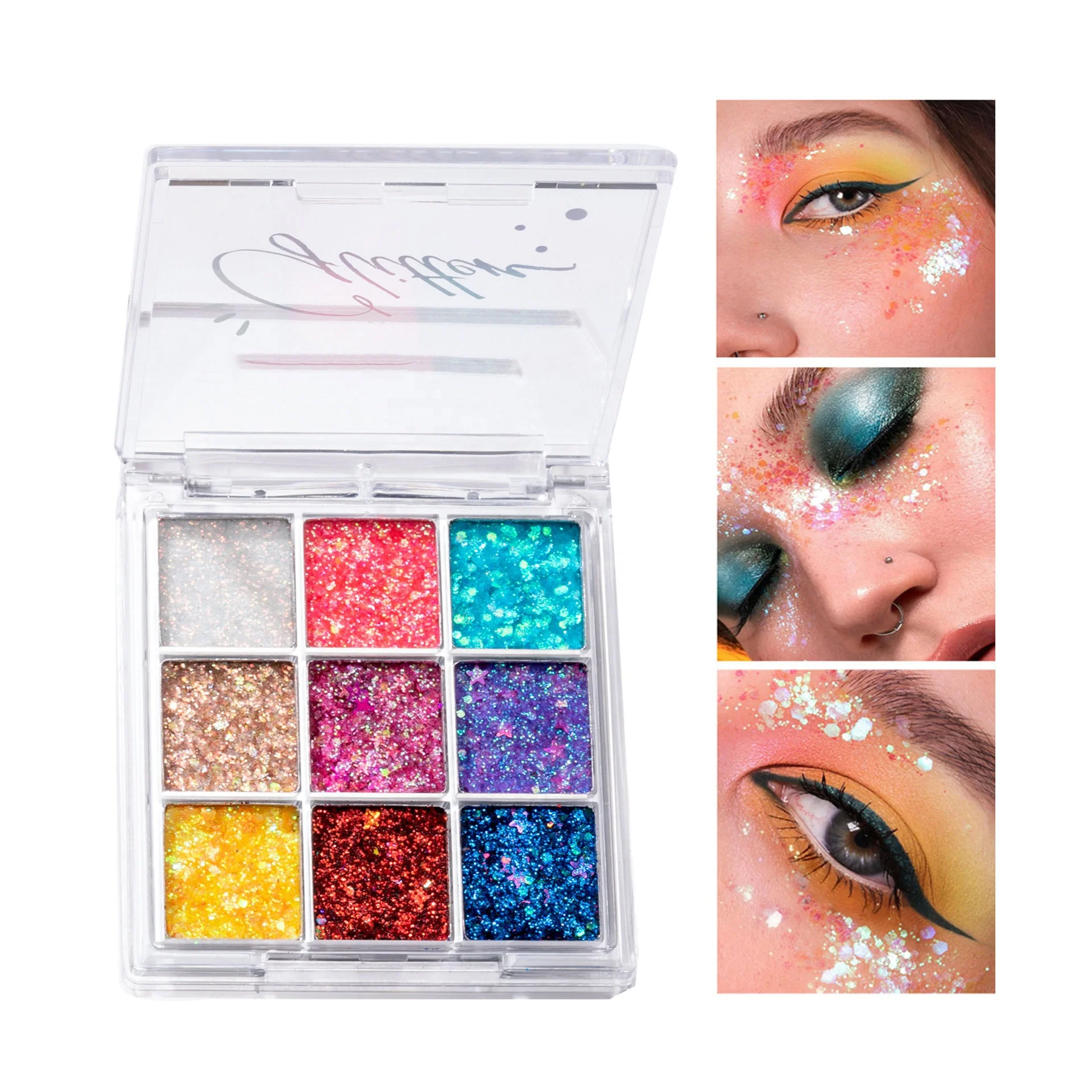 9 color sequins glitter metallic eyeshadow sparkling diamond high pigment private label logo chameleon eye shadow palette