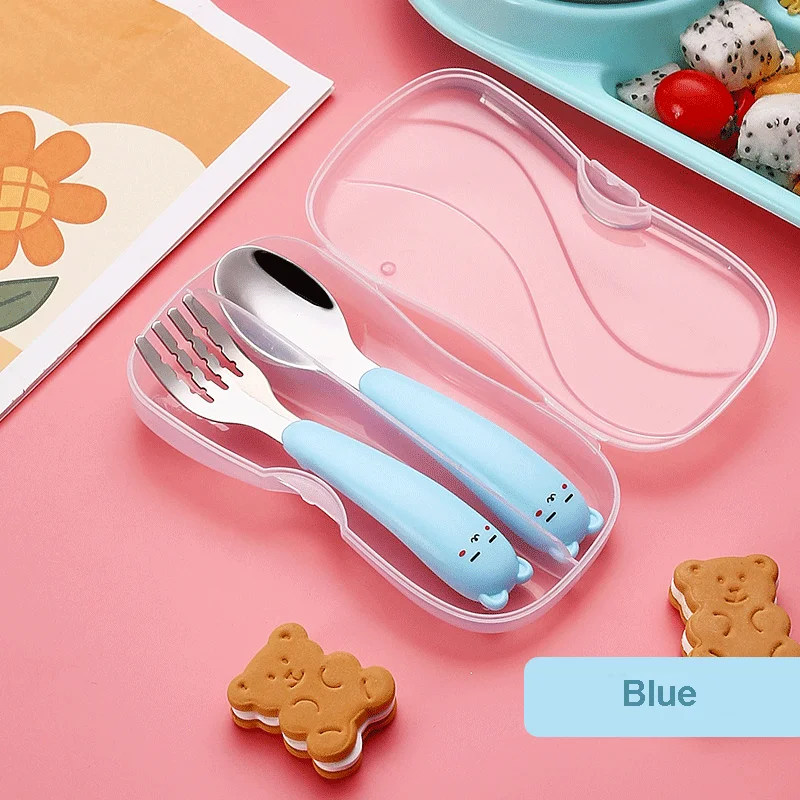 High Quality Toddlers Utensils Cute Cartoon Handle Stainless Steel 304 Safe Baby Spoon and Fork with Case Kids Cutlery Set