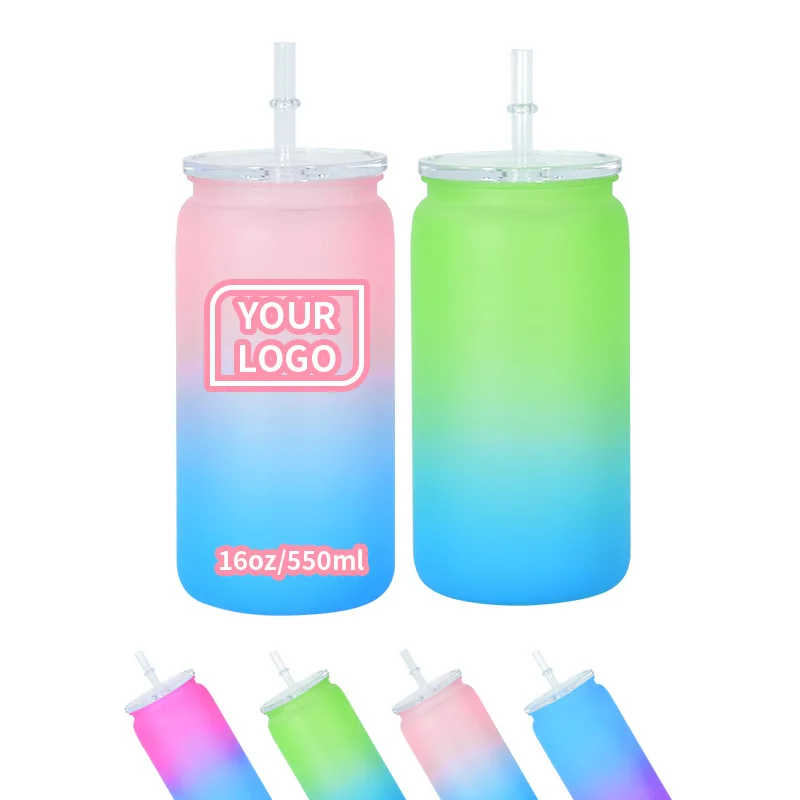 16oz ombre пластиковая пивная банка чашка для сублимации и наклейка с прозрачной пластиковой крышкой