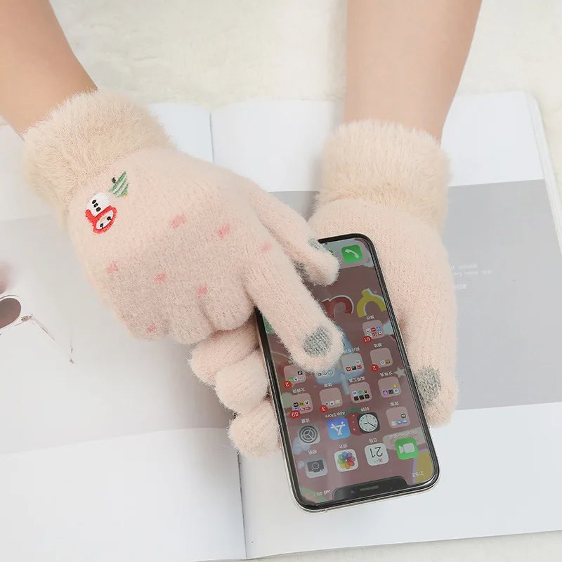 
Оптовая продажа, зимние теплые вязаные перчатки с вышивкой для сенсорного экрана 